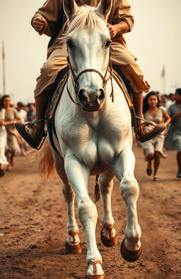 A close-up view of a white horse galloping with a rider wearing sandals and a camel-colored tunic