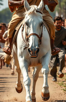 A close-up view of a white horse galloping with a rider wearing sandals and a camel-colored tunic