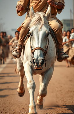 A close-up view of a white horse galloping with a rider wearing sandals and a camel-colored tunic