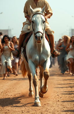 A close-up view of a white horse galloping with a rider wearing sandals and a camel-colored tunic