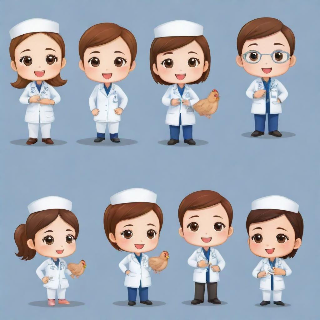 Chibi characters actively engaged in TESDA training courses such as Chicken NC II, Swine NC II, and Animal Healthcare and Management NC III, showcasing process-specific activities, set on a transparent background.