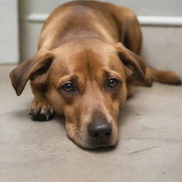 A melancholy, brown dog lying on the floor, its expressive eyes reflecting its sadness