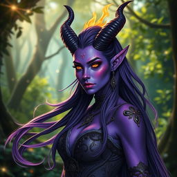 A stunning purple tiefling woman with elegant horns and vibrant purple skin, dressed in a detailed, mystical outfit that blends fantasy and fashion