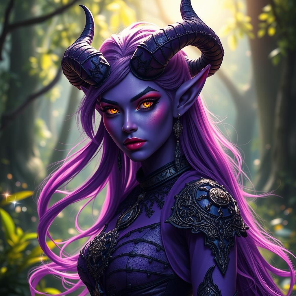 A stunning purple tiefling woman with elegant horns and vibrant purple skin, dressed in a detailed, mystical outfit that blends fantasy and fashion