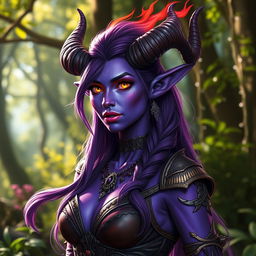 A stunning purple tiefling woman with elegant horns and vibrant purple skin, dressed in a detailed, mystical outfit that blends fantasy and fashion