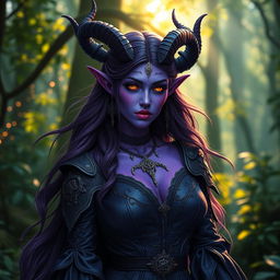 A stunning purple tiefling woman with elegant horns and vibrant purple skin, dressed in a detailed, mystical outfit that blends fantasy and fashion