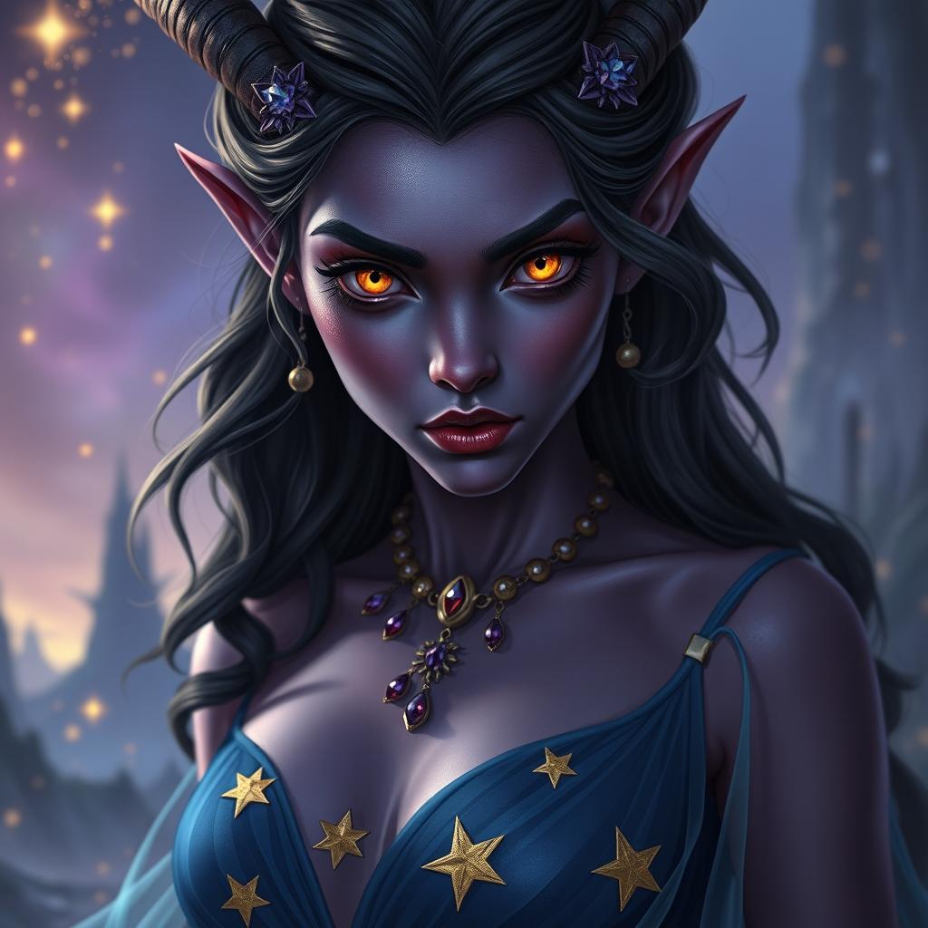 A captivating tiefling woman with deep purple skin and striking bright golden pupil-less eyes, showcasing an otherworldly beauty