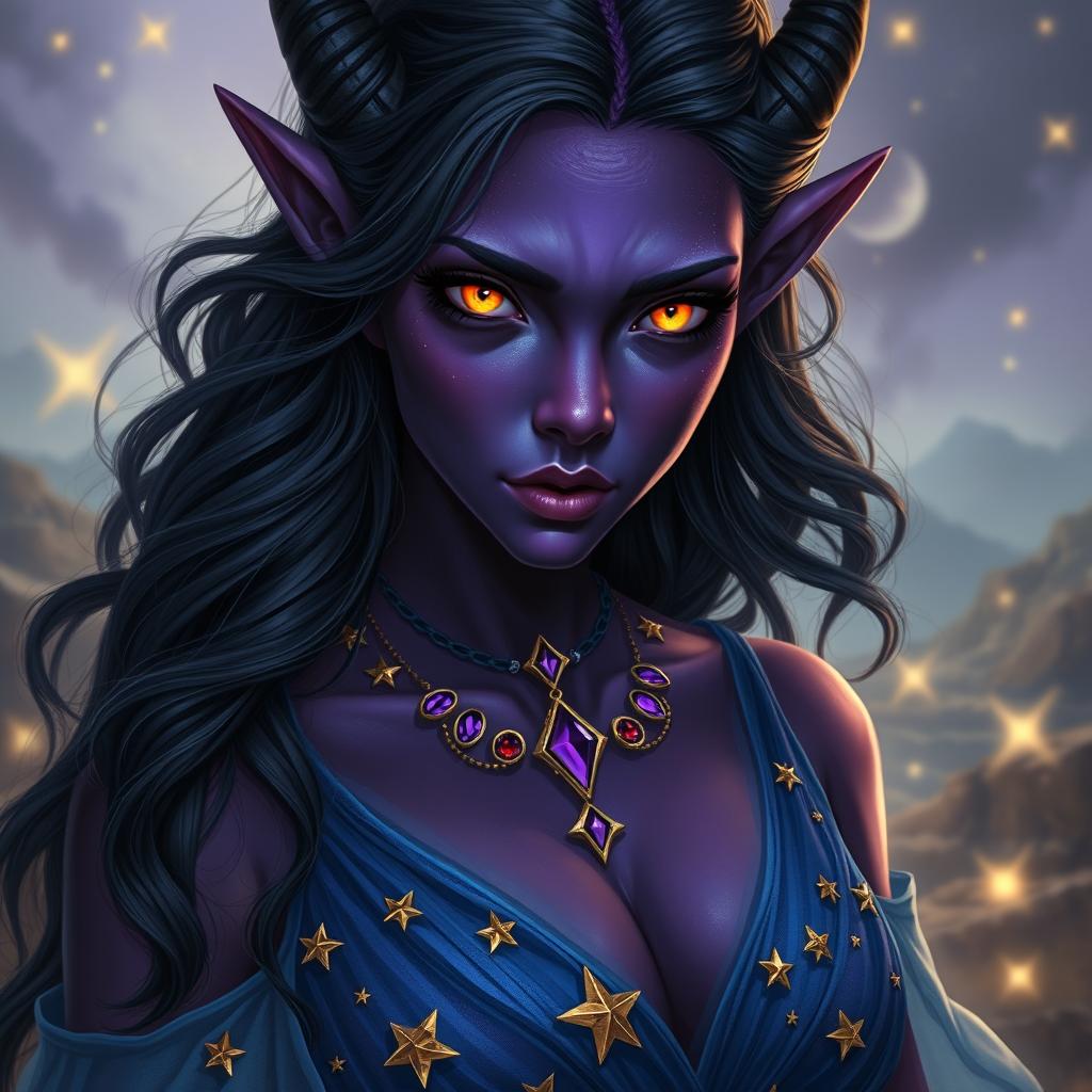 A captivating tiefling woman with deep purple skin and striking bright golden pupil-less eyes, showcasing an otherworldly beauty