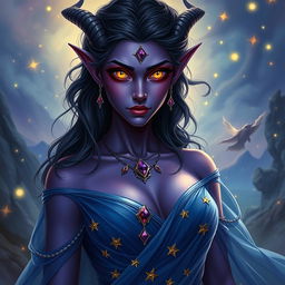 A captivating tiefling woman with deep purple skin and striking bright golden pupil-less eyes, showcasing an otherworldly beauty