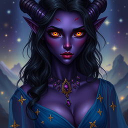 A captivating tiefling woman with deep purple skin and striking bright golden pupil-less eyes, showcasing an otherworldly beauty