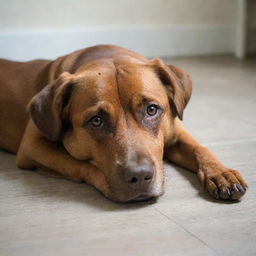 A melancholy, brown dog lying on the floor, its expressive eyes reflecting its sadness