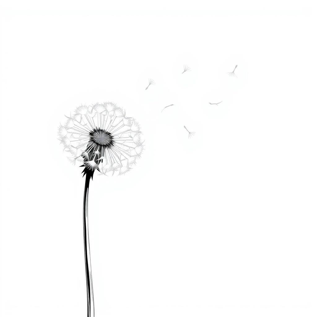 A black and white illustration of a dandelion being blown, with its delicate seeds floating in the wind