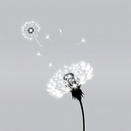 A black and white illustration of a dandelion being blown, with its delicate seeds floating in the wind