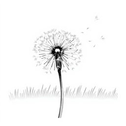 A black and white illustration of a dandelion being blown, with its delicate seeds floating in the wind