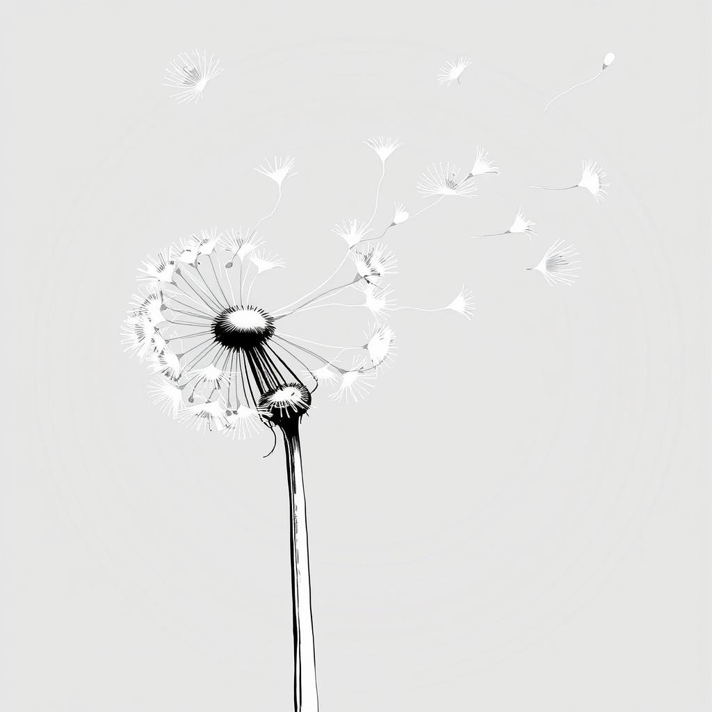 A black and white illustration of a dandelion being blown, with its delicate seeds floating in the wind