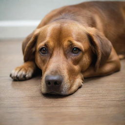 A melancholy, brown dog lying on the floor, its expressive eyes reflecting its sadness