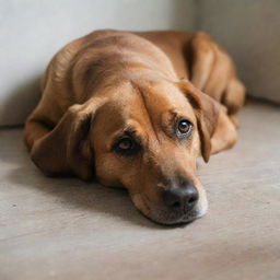 A melancholy, brown dog lying on the floor, its expressive eyes reflecting its sadness