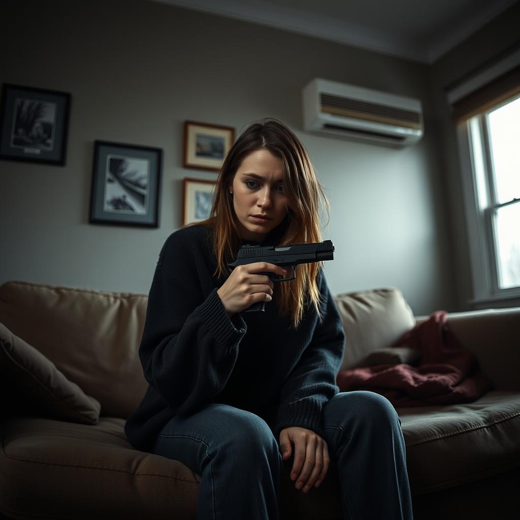 A deeply emotional scene featuring a very sad and lonely American woman sitting on a worn-out sofa in a dimly lit room, holding a gun gently in her hand