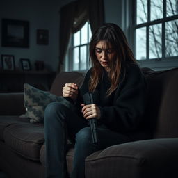 A deeply emotional scene featuring a very sad and lonely American woman sitting on a worn-out sofa in a dimly lit room, holding a gun gently in her hand