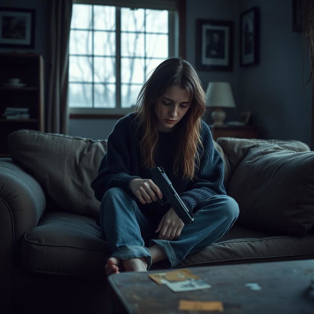 A deeply emotional scene featuring a very sad and lonely American woman sitting on a worn-out sofa in a dimly lit room, holding a gun gently in her hand