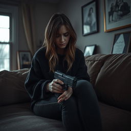 A deeply emotional scene featuring a very sad and lonely American woman sitting on a worn-out sofa in a dimly lit room, holding a gun gently in her hand