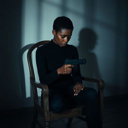 A deeply emotional scene featuring a very sad and lonely Black American woman sitting on a weathered chair in a dimly lit room, holding a gun gently in her hand