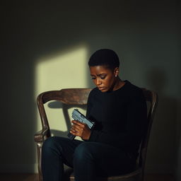 A deeply emotional scene featuring a very sad and lonely Black American woman sitting on a weathered chair in a dimly lit room, holding a gun gently in her hand