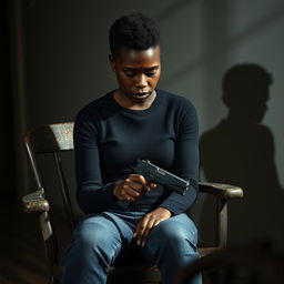 A deeply emotional scene featuring a very sad and lonely Black American woman sitting on a weathered chair in a dimly lit room, holding a gun gently in her hand