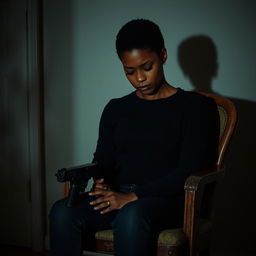 A deeply emotional scene featuring a very sad and lonely Black American woman sitting on a weathered chair in a dimly lit room, holding a gun gently in her hand