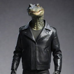 A humanoid crocodile wearing a stylish black leather jacket.