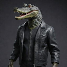 A humanoid crocodile wearing a stylish black leather jacket.