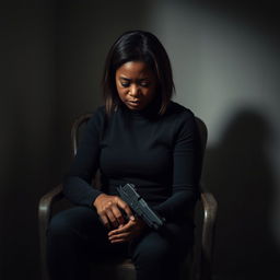 A deeply emotional portrait of a very sad and lonely Black American woman sitting on a worn-out chair in a shadowy corner of a room, gently holding a gun in her hand