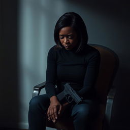 A deeply emotional portrait of a very sad and lonely Black American woman sitting on a worn-out chair in a shadowy corner of a room, gently holding a gun in her hand