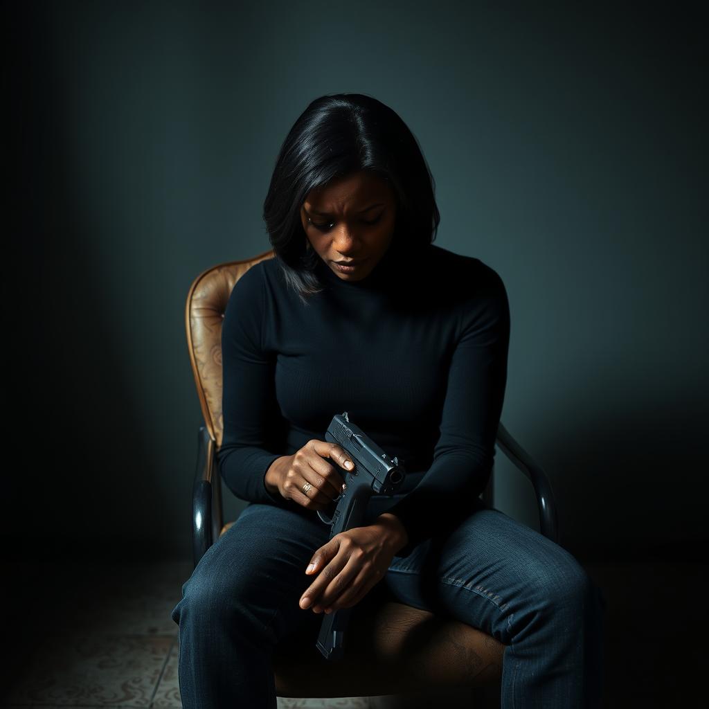 A deeply emotional portrait of a very sad and lonely Black American woman sitting on a worn-out chair in a shadowy corner of a room, gently holding a gun in her hand