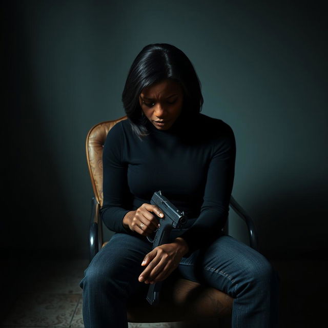 A deeply emotional portrait of a very sad and lonely Black American woman sitting on a worn-out chair in a shadowy corner of a room, gently holding a gun in her hand