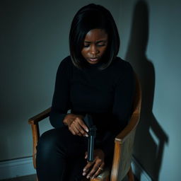 A deeply emotional portrait of a very sad and lonely Black American woman sitting on a worn-out chair in a shadowy corner of a room, gently holding a gun in her hand