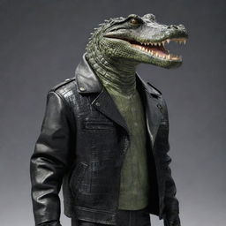 A humanoid crocodile wearing a stylish black leather jacket.