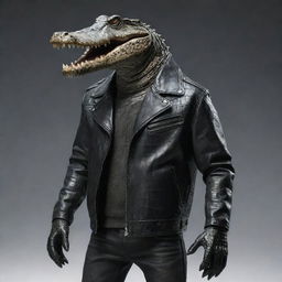 A humanoid crocodile wearing a stylish black leather jacket.