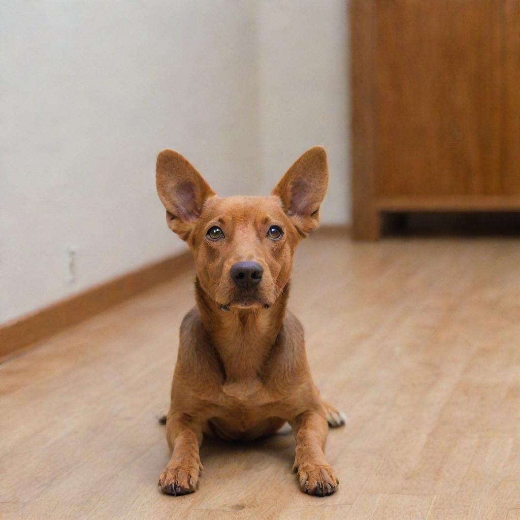 A brown dog pricking up its ears and curiously investigating a mysterious sound in a room