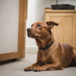 A brown dog pricking up its ears and curiously investigating a mysterious sound in a room