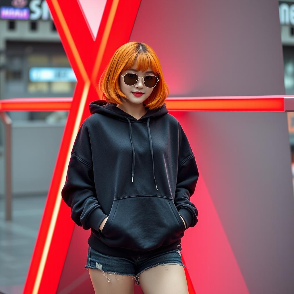 A young Korean woman in her 20s with a vibrant orange bob hairstyle featuring stylish bangs, wearing a casual black hoodie and stylish sunglasses resting on the bridge of her nose