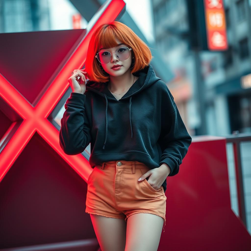 A young Korean woman in her 20s with a vibrant orange bob hairstyle featuring stylish bangs, wearing a casual black hoodie and stylish sunglasses resting on the bridge of her nose