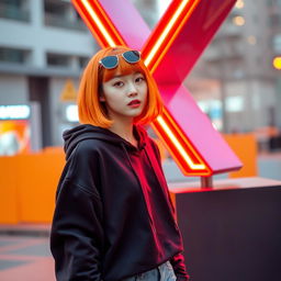 A young Korean woman in her 20s with a vibrant orange bob hairstyle featuring stylish bangs, wearing a casual black hoodie and stylish sunglasses resting on the bridge of her nose