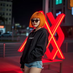 A young Korean woman in her 20s with a vibrant orange bob hairstyle featuring stylish bangs, wearing a casual black hoodie and stylish sunglasses resting on the bridge of her nose