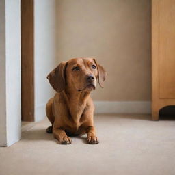 A brown dog pricking up its ears and curiously investigating a mysterious sound in a room