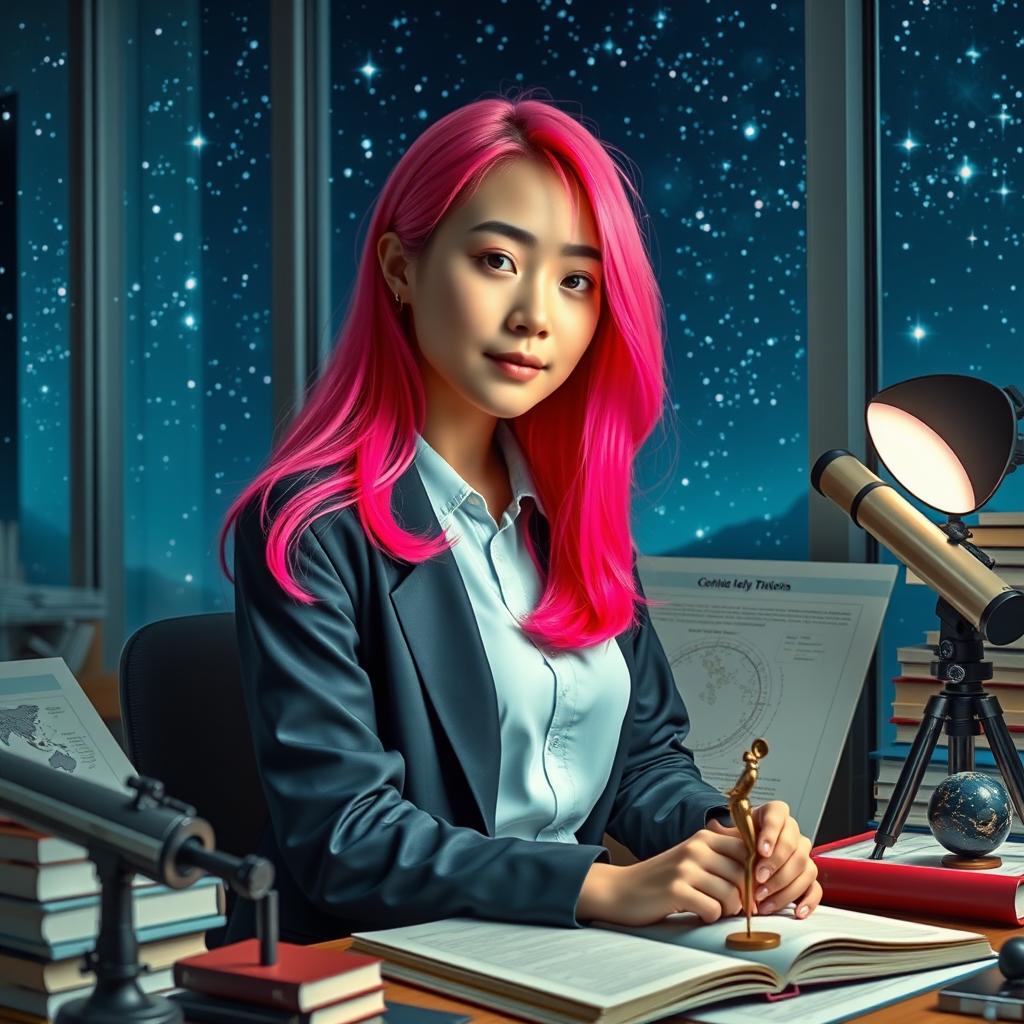 A young Korean woman in her 20s with vibrant neon pink hair, wearing a stylish university outfit that reflects her cosmology studies