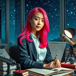 A young Korean woman in her 20s with vibrant neon pink hair, wearing a stylish university outfit that reflects her cosmology studies