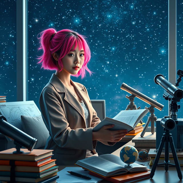 A young Korean woman in her 20s with vibrant neon pink hair, wearing a stylish university outfit that reflects her cosmology studies