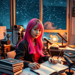 A young Korean woman in her 20s with vibrant neon pink hair, wearing a stylish university outfit that reflects her cosmology studies