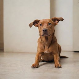 A brown dog pricking up its ears and curiously investigating a mysterious sound in a room